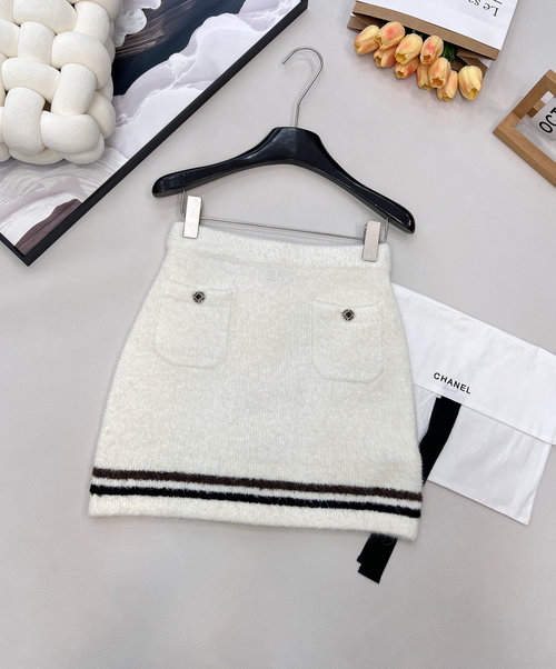 Chanel Ski Series Cashmere Knit Striped Wrap Skirt with Gem Buttons