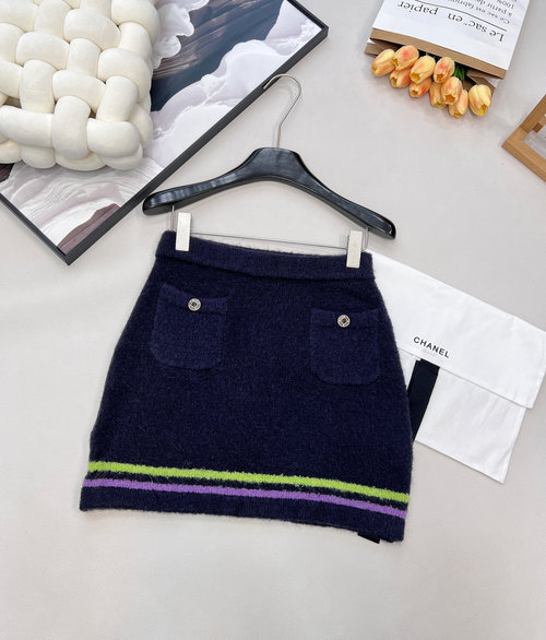 Chanel Ski Series Cashmere Knit Striped Wrap Skirt with Gem Buttons
