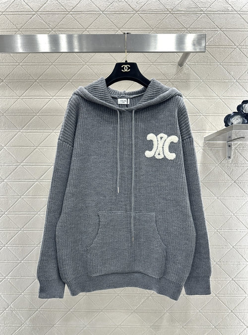 Celine Custom Wool Knit Hooded Top with Logo Decoration