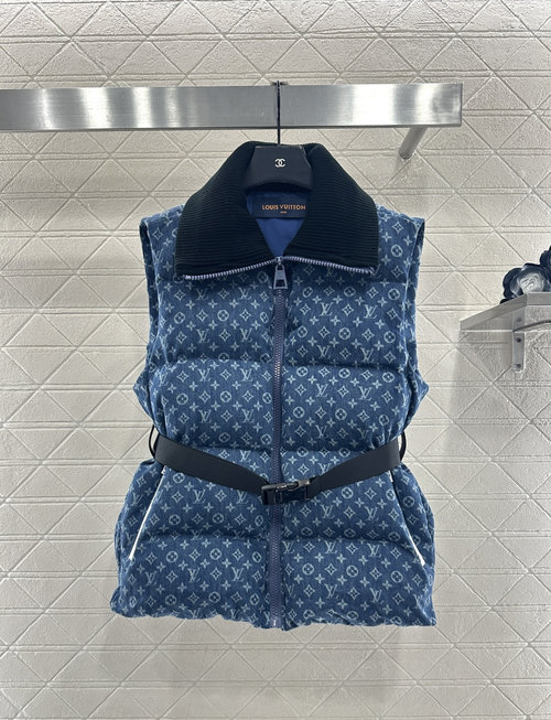 Louis Vuitton Custom Denim Down Vest with Knit Collar and Logo Pattern