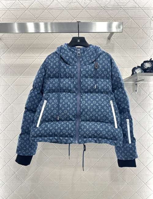 Louis Vuitton Hooded Zip-up Denim Down Jacket Made of Custom Yarn-dyed Fabric