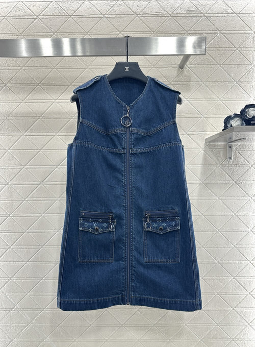 Louis Vuitton Denim Vest Dress with Zip and Pocket Decoration