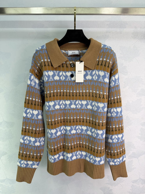 Ami Fair Isle Collision Striped Heart Sweater with Lapel