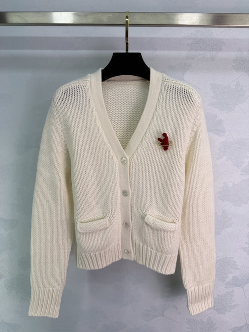 Celine V-Neck Knit Cardigan with Red Brooch and Decorative Pockets