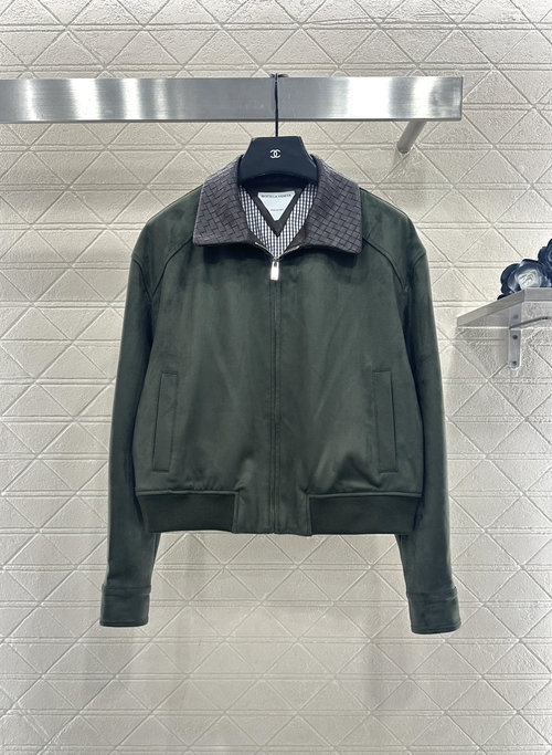 Bottega Veneta Customized Leather - Trimmed Collar Jacket with Checked Lining