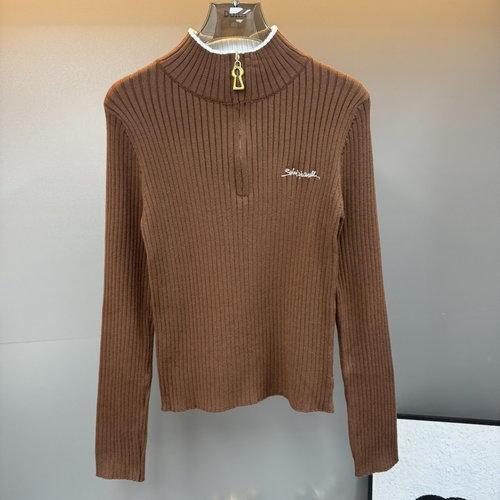 Schiaparelli Leaf Zipper Collar Side-Zip Sweater in Classic Black, Brown and White