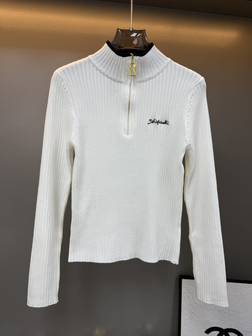 Schiaparelli Leaf Zipper Collar Side-Zip Sweater in Classic Black, Brown and White