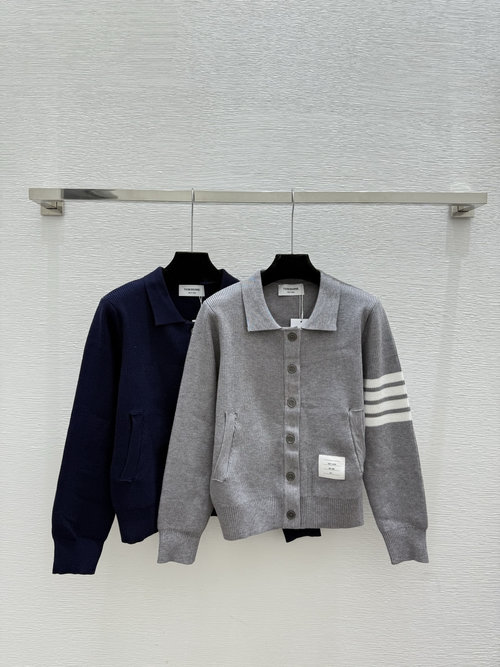 Thom Browne Colorful Contrast Striped Gray & Royal Blue Collar Knit Cardigan