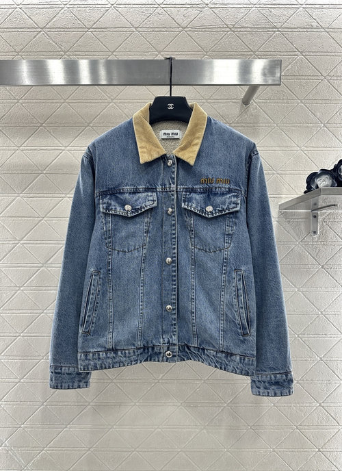Miu Miu Denim Jacket with Corduroy Collar and Logo Decoration