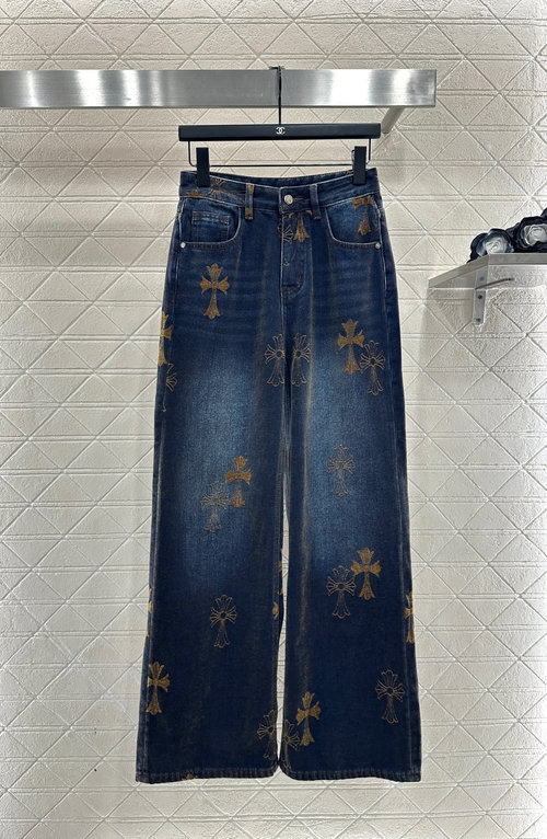 Chanel High-Waisted Distressed Jeans with Cross Embroidery, Fashionable Design