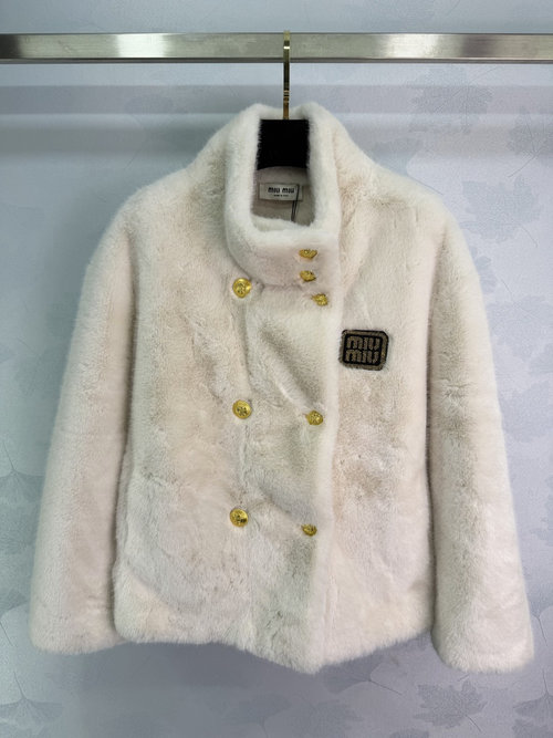 Miu Miu Faux Fur Coat with Stand Collar and Golden Buttons