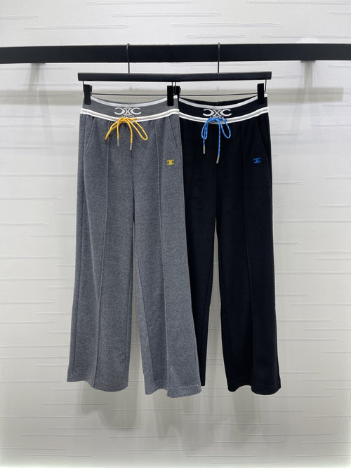 Celine Drawstring Wide-Leg Pants with Contrast Belt