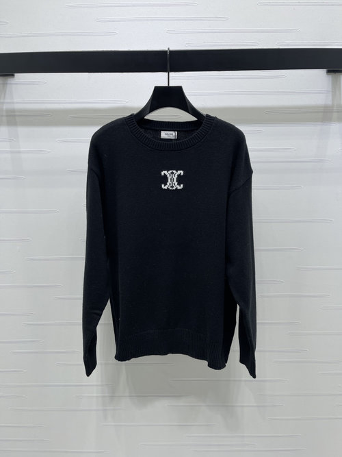 Celine Premium Round-Neck Knit Pullover with Arch Logo for a Relaxed Look