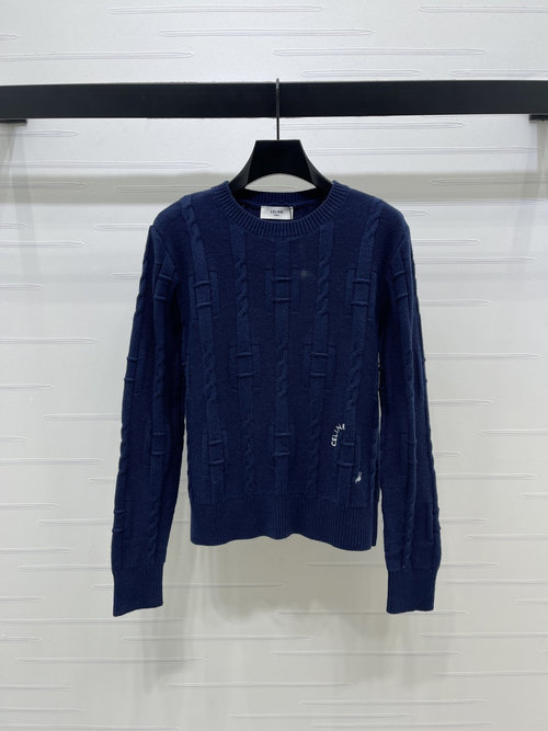 Celine Cable Round Neck Long-Sleeve Sweater with Ribbed Edges for Daily Wear