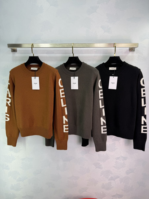 Celine Letter-Print Knit Sweater with Large Logo Sleeve, Versatile Appeal