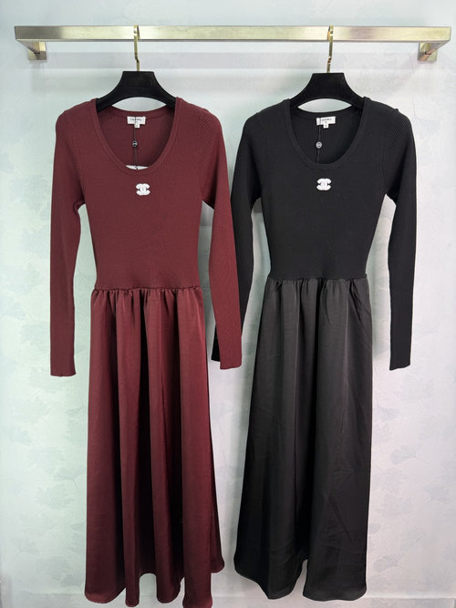 Chanel Knit Long Dress with Logo Embroidery and Waist Gathers