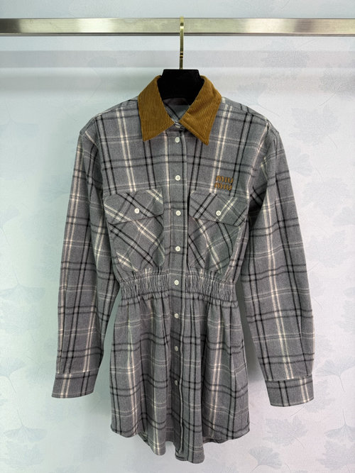 Miu Miu Checked Waist-Enhancing Shirt Dress in Cotton Wool Blend