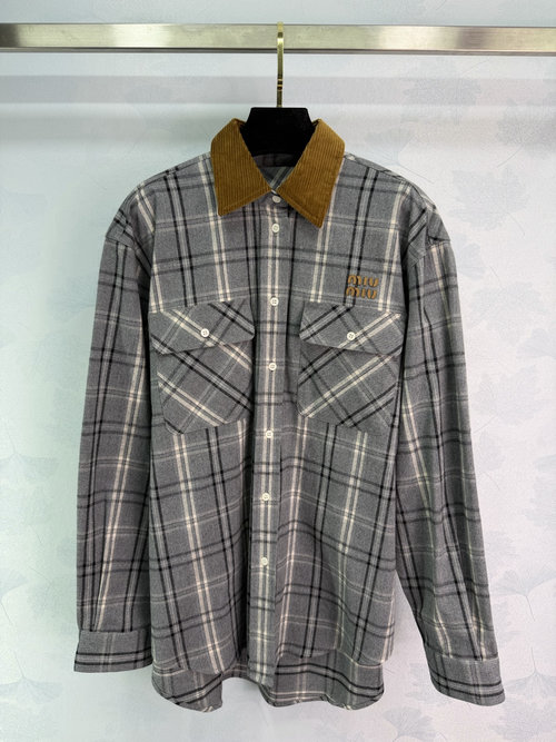 Versace Checked Shirt with Corduroy Collar and Letter Motif for Scholarly Look