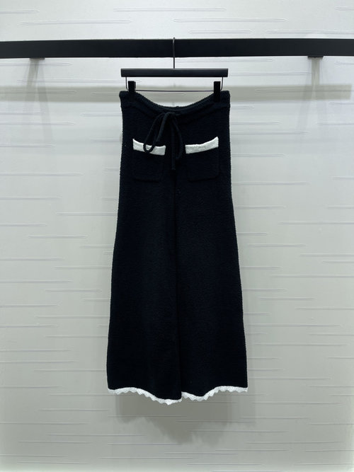 Chanel High-Quality Silk-Wool Knit Wide-Leg Pants with Color Blocking