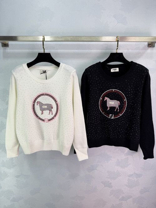 Fendi Horse Pattern Knit Sweater with Sequins, Suitable for Outerwear
