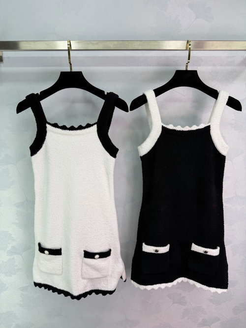 Chanel Monochrome Knit Sling Top with Wave Lace and Double C Accents