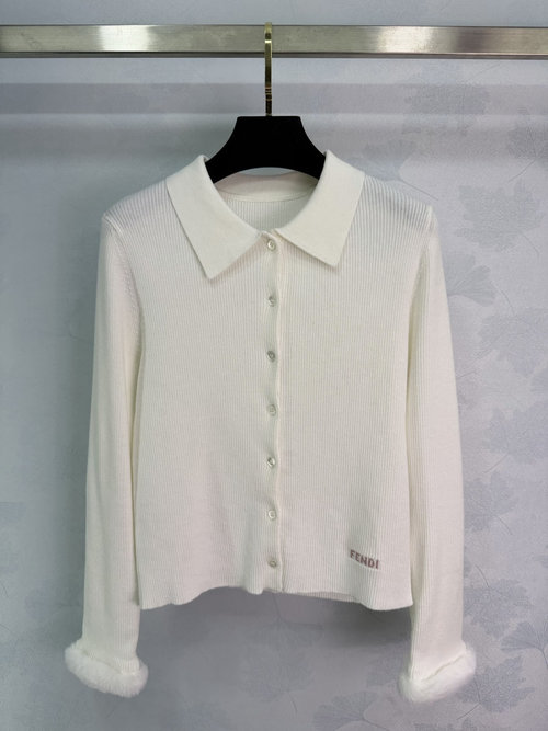 Fendi Collar Knit Long Sleeve Cardigan with Vertical Stripes and Faux Fur Cuffs