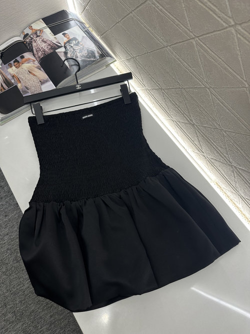 Miu Miu Versatile Elastic-Waisted Ruffled Bustier Dress with Logo