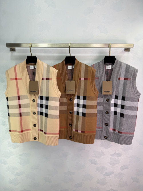 Burberry Classic Checkered Knit V-Neck Vest with Button Design