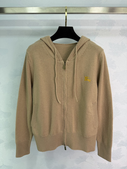 Burberry Zippered Knitted Hoodie Cardigan, Soft Wool Blend