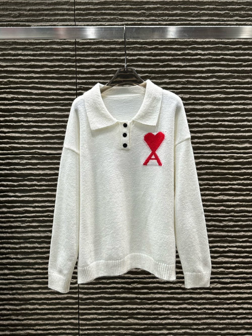 Ami Polo Collar Jacquard Love Heart Pullover Sweater