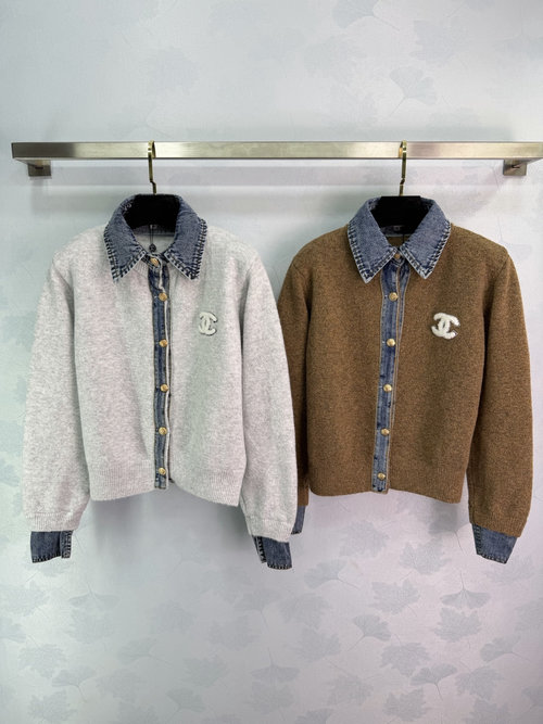 Chanel Denim Shirt Collar Knit Top with Double C Accent, Chic and Versatile