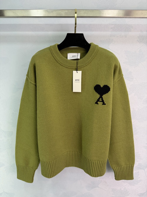 Ami Mustard Green Wool Sweater with Black Heart Embroidery