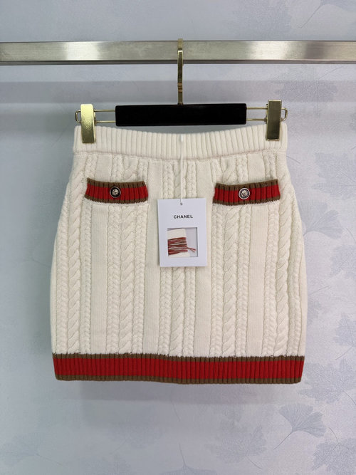 Chanel Academic Knitted Skirt with Double C Logo Buckles, Evoking a Classic and Elegant Aura