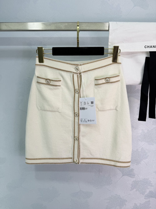 Chanel Knitted Skirt with Brown Trim, Button Closure, Two Pockets