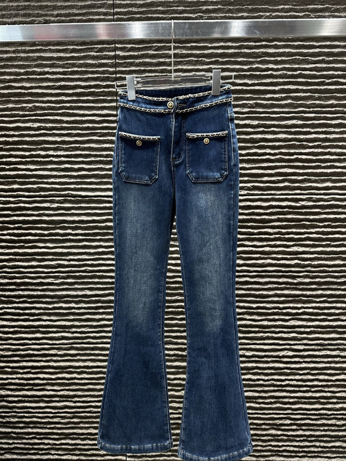 Chanel Handmade Chain-Embellished Denim Flare Trousers