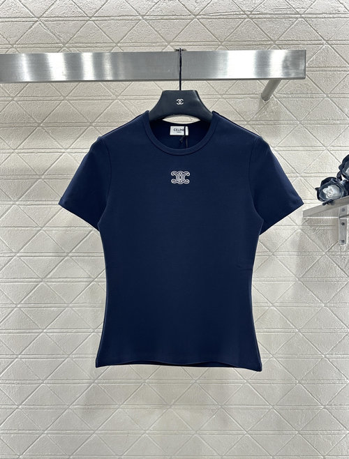 Celine Custom Cotton Round Neck Embroidered Short Sleeve T - Shirt with Logo