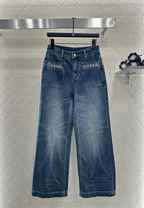 Chanel Velvet-lined Logo Pocket Jeans with Distressed Whiskering and C Logo Accents