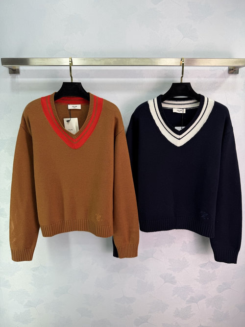 Celine V-Neck Knit Sweater with Contrasting Collar, College-Inspired Style