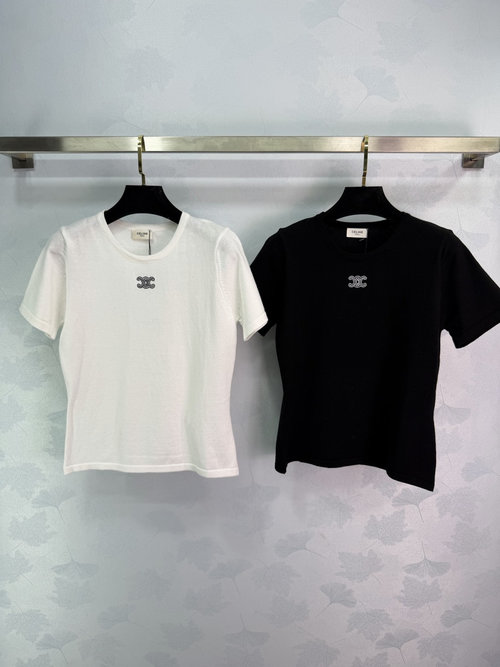 Celine Classic Round Neck Short Sleeve Top with Embroidered Logo, Breathable Fabric