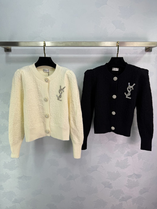 Yves Saint Laurent Classic Knit Cardigan with Pearl Buttons and Diamond Logo Accent