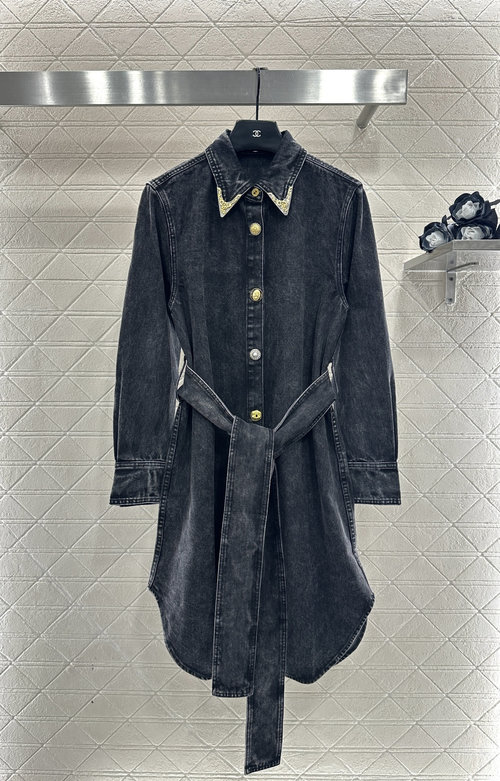 Chanel Customized Denim Shirt Dress with Gold Trim and Belt for a Retro Style
