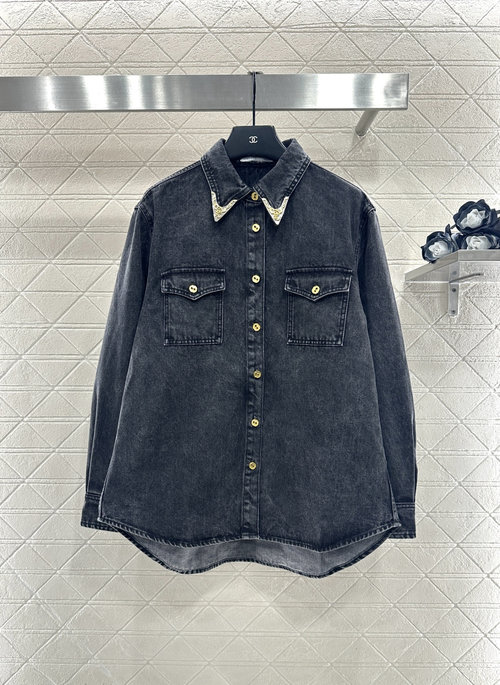 Chanel Pointed Collar Studded Denim Shirt Jacket - New Collection