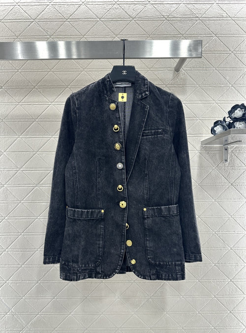 Chanel Asymmetrical Collar Denim Blazer with Slit - New Collection