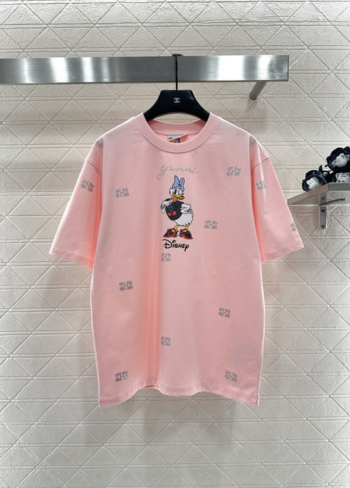 Ganni Customized All-Cotton T-Shirt with Printed Daisy and Diamond Decor