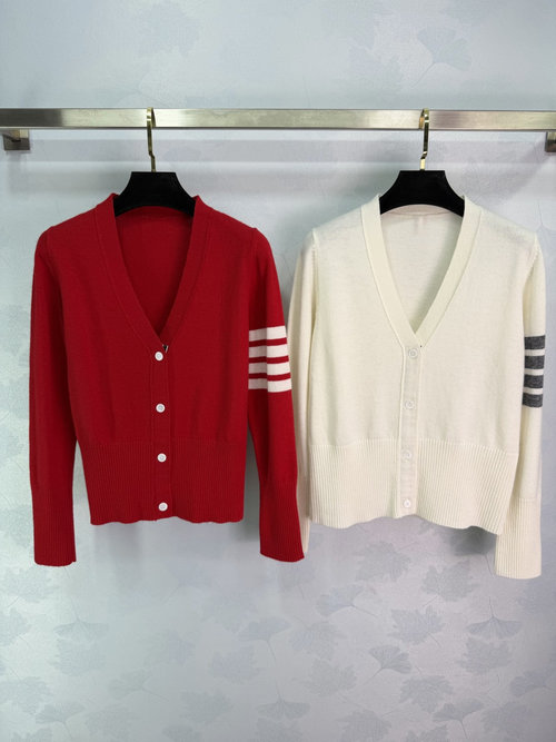 Thom Browne Timeless Academic Style Four-Stripe V-Neck Cardigan in Fine Wool