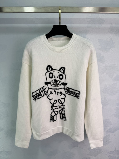 Loewe White Wool Sweater with Hand-Embroidered Cat Anagram Logo