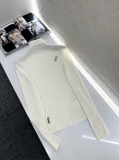 Yves Saint Laurent High-neck Brooch Knit Top, Tencel Wool Blend, Elegant