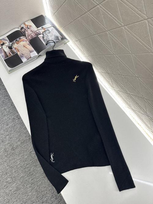 Yves Saint Laurent High-neck Brooch Knit Top, Tencel Wool Blend, Elegant