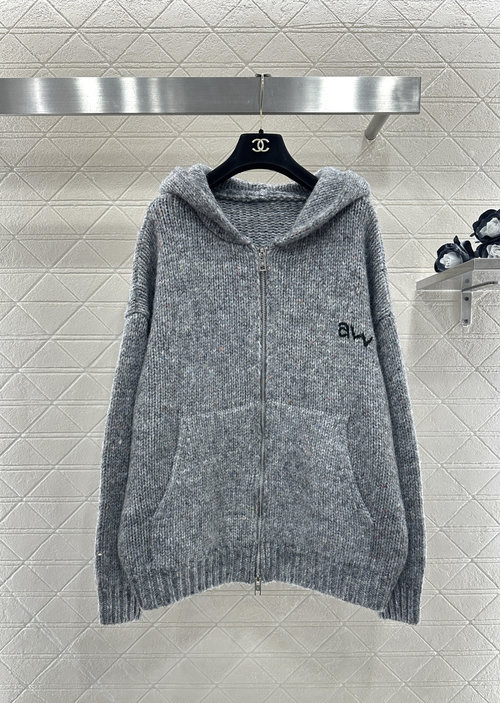 Alexander Wang Hooded Speckled Knit Cardigan with Contrast Logo and Pockets