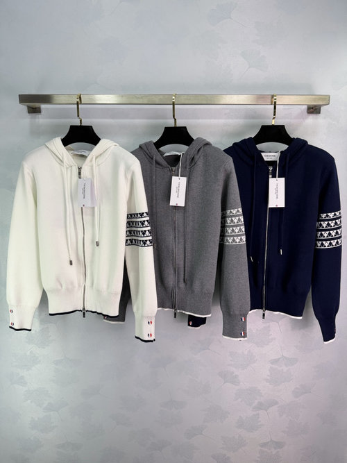 Thom Browne Zip - Up Hooded Knit Cardigan with Striped Sleeves